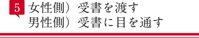 女性側）受書を渡す、男性側）受書に目を通す